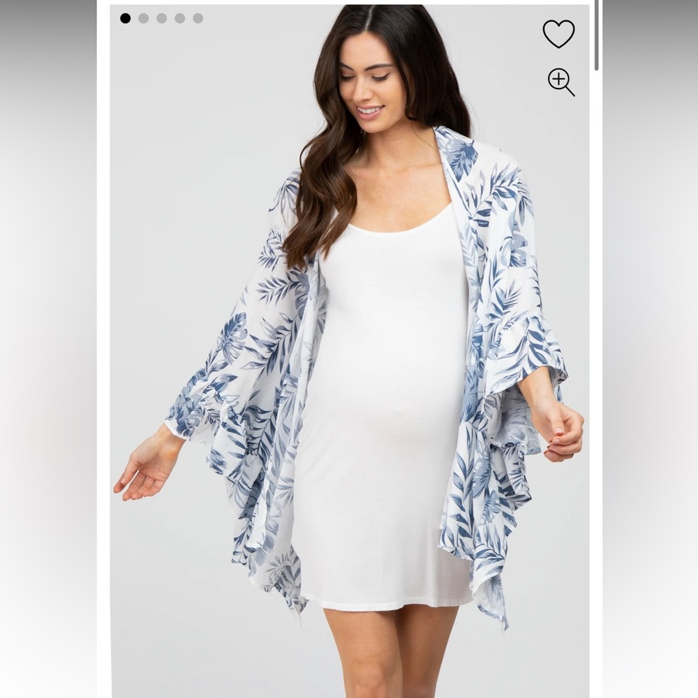 PinkBlush white and navy leaf print ruffle accent maternity cover-up small